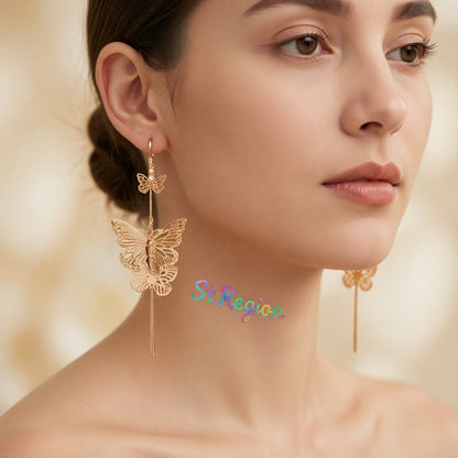 18K Gold-Plated Double Butterfly Drop Earrings, gold drop earrings for women, vintage-inspired design, styled look