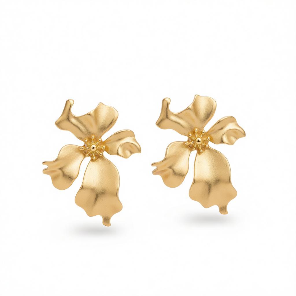 18K Gold-Plated Floral Stud Earrings, cubic zirconia stud earrings for women, vintage-inspired design, side view