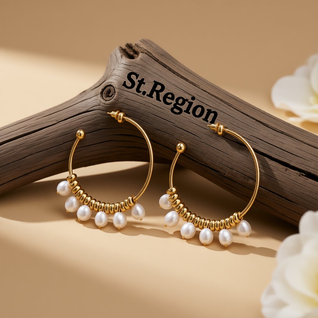 Pearl and 18K Gold-Plated Row Hoop Earring, gold hoop earrings for women, elegant gift for her, front view