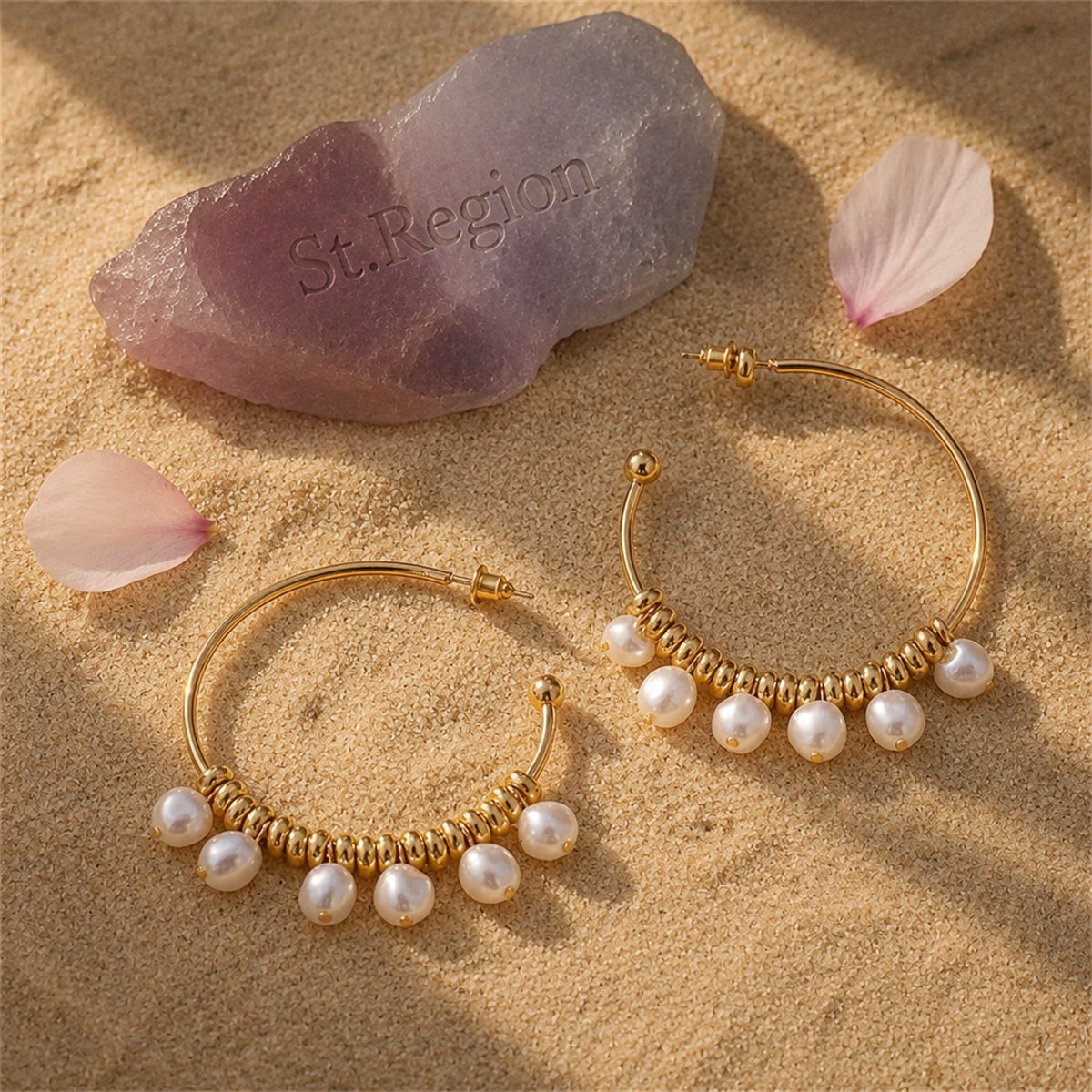 Pearl and 18K Gold-Plated Row Hoop Earring, gold hoop earrings for women, elegant gift for her, detail close-up