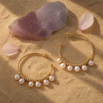 Pearl and 18K Gold-Plated Row Hoop Earring, gold hoop earrings for women, elegant gift for her, detail close-up