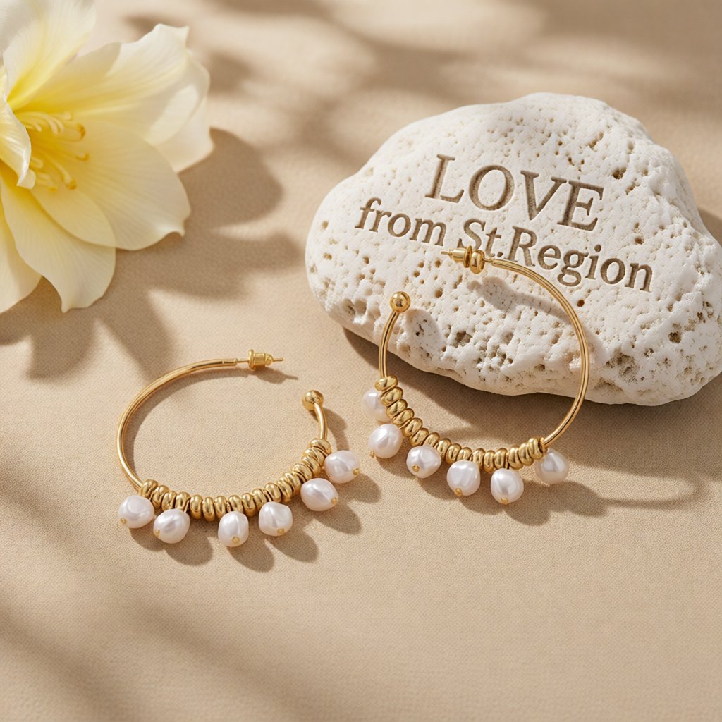 Pearl and 18K Gold-Plated Row Hoop Earring, gold hoop earrings for women, elegant gift for her, lifestyle look