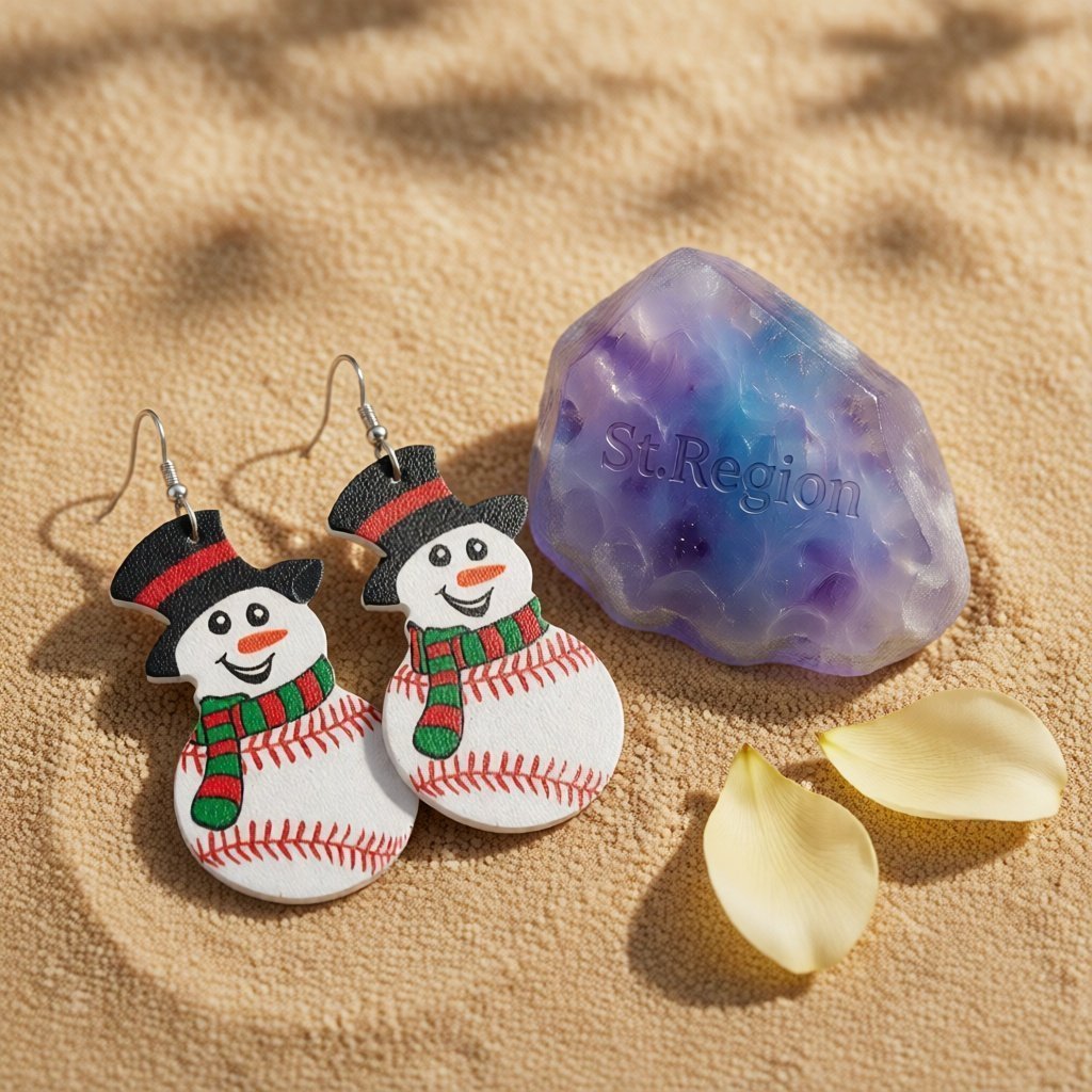 White and Red Baseball Snowman Drop Earrings, drop earrings for women, everyday style, detail close-up