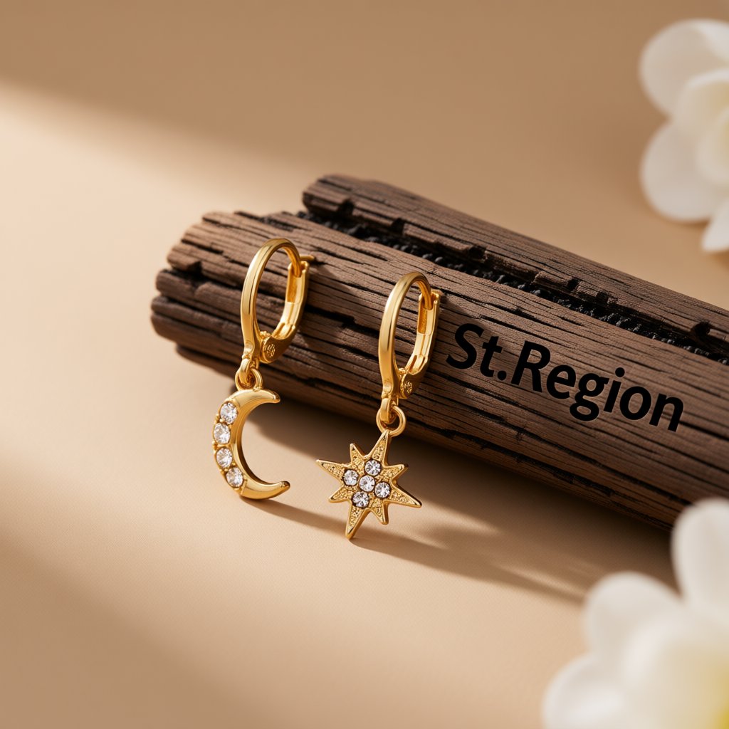 Cubic Zirconia and 18K Gold-Plated Moon and Star Drop Earrings, gold huggie earrings, elegant gift for her, front view