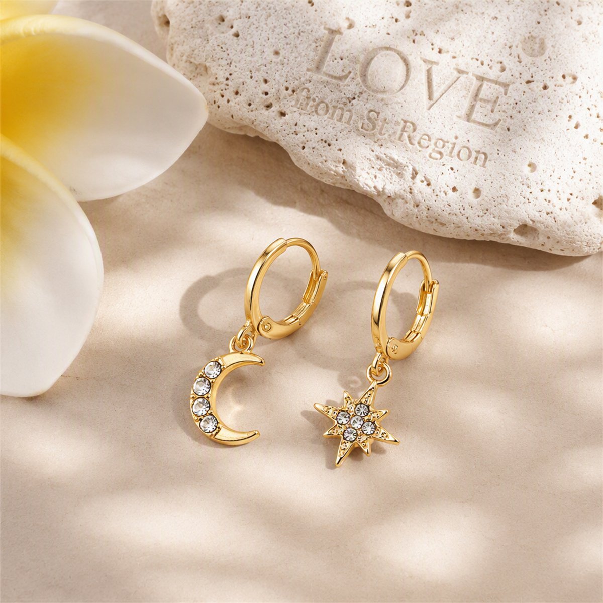 Cubic Zirconia and 18K Gold-Plated Moon and Star Drop Earrings, gold huggie earrings, elegant gift for her, lifestyle look