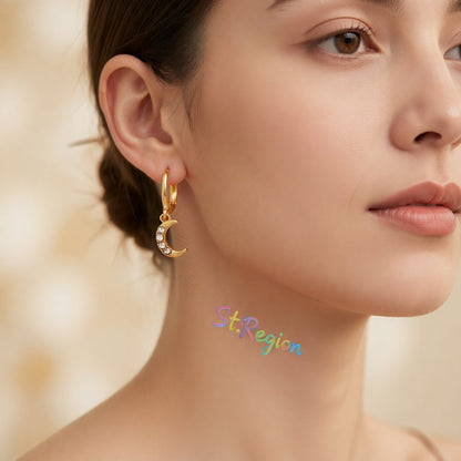 Cubic Zirconia and 18K Gold-Plated Moon and Star Drop Earrings, gold huggie earrings, elegant gift for her, styled look
