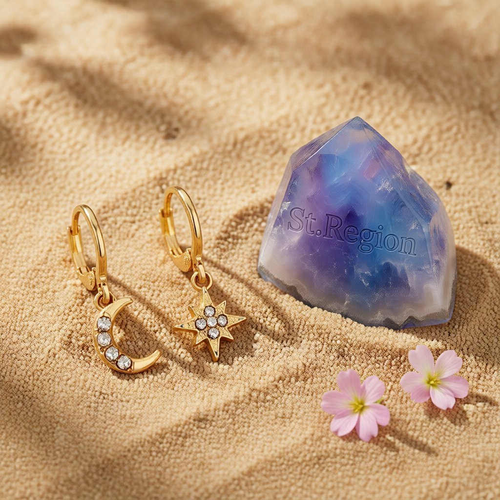 Cubic Zirconia and 18K Gold-Plated Moon and Star Drop Earrings, gold huggie earrings, elegant gift for her, detail close-up