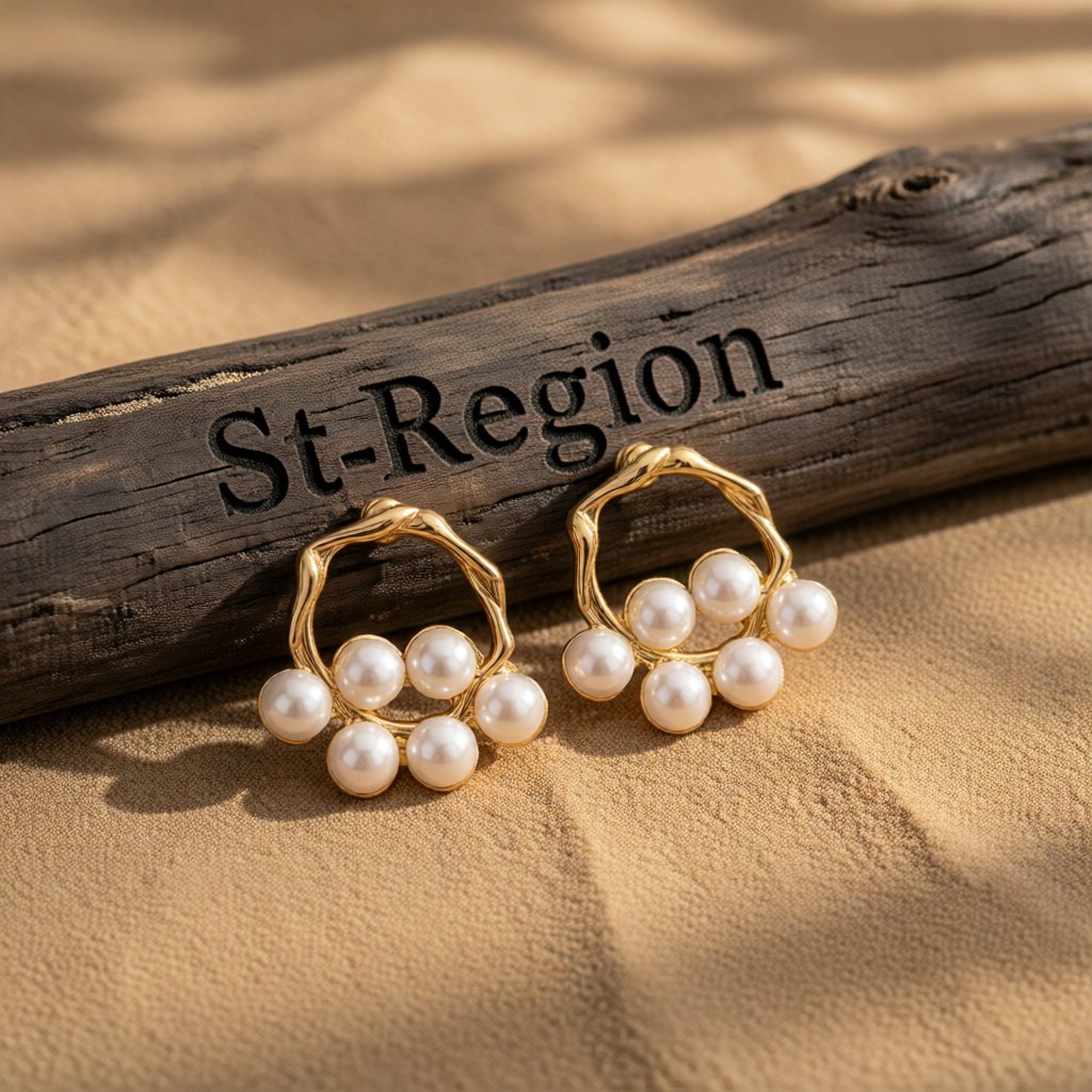 Pearl and 18K Gold-Plated Round Branch Stud Earrings, gold stud earrings for women, everyday style, front view
