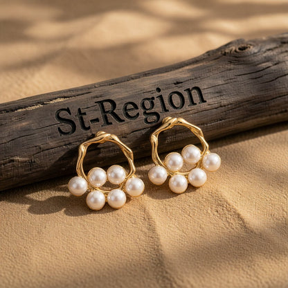 Pearl and 18K Gold-Plated Round Branch Stud Earrings, gold stud earrings for women, everyday style, front view