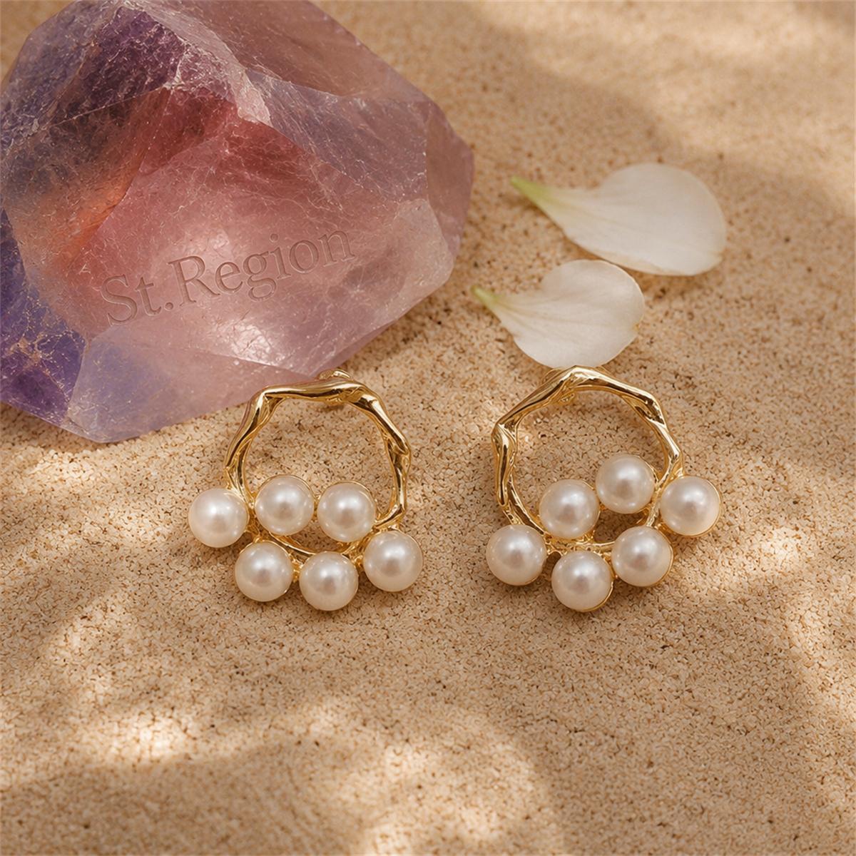 Pearl and 18K Gold-Plated Round Branch Stud Earrings, gold stud earrings for women, everyday style, detail close-up