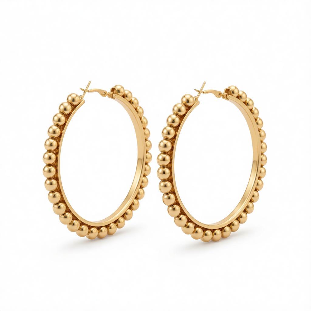 18K Gold-Plated Bead Hoop Earrings, gold hoop earrings for women, dainty minimalist design, side view