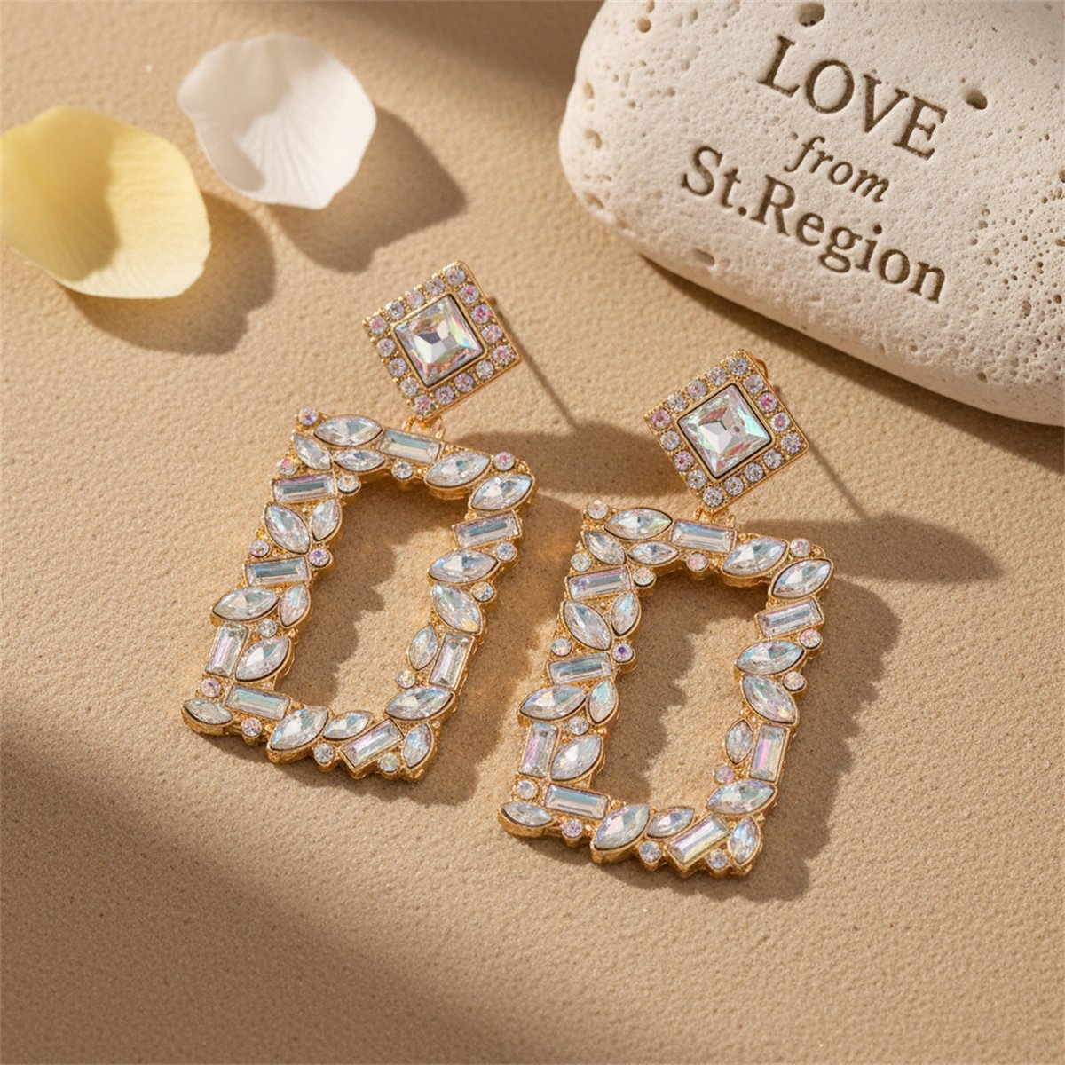 Crystal and Cubic Zirconia 18K Gold-Plated Open-Rectangle Drop Earrings, gold drop earrings for women, lifestyle look