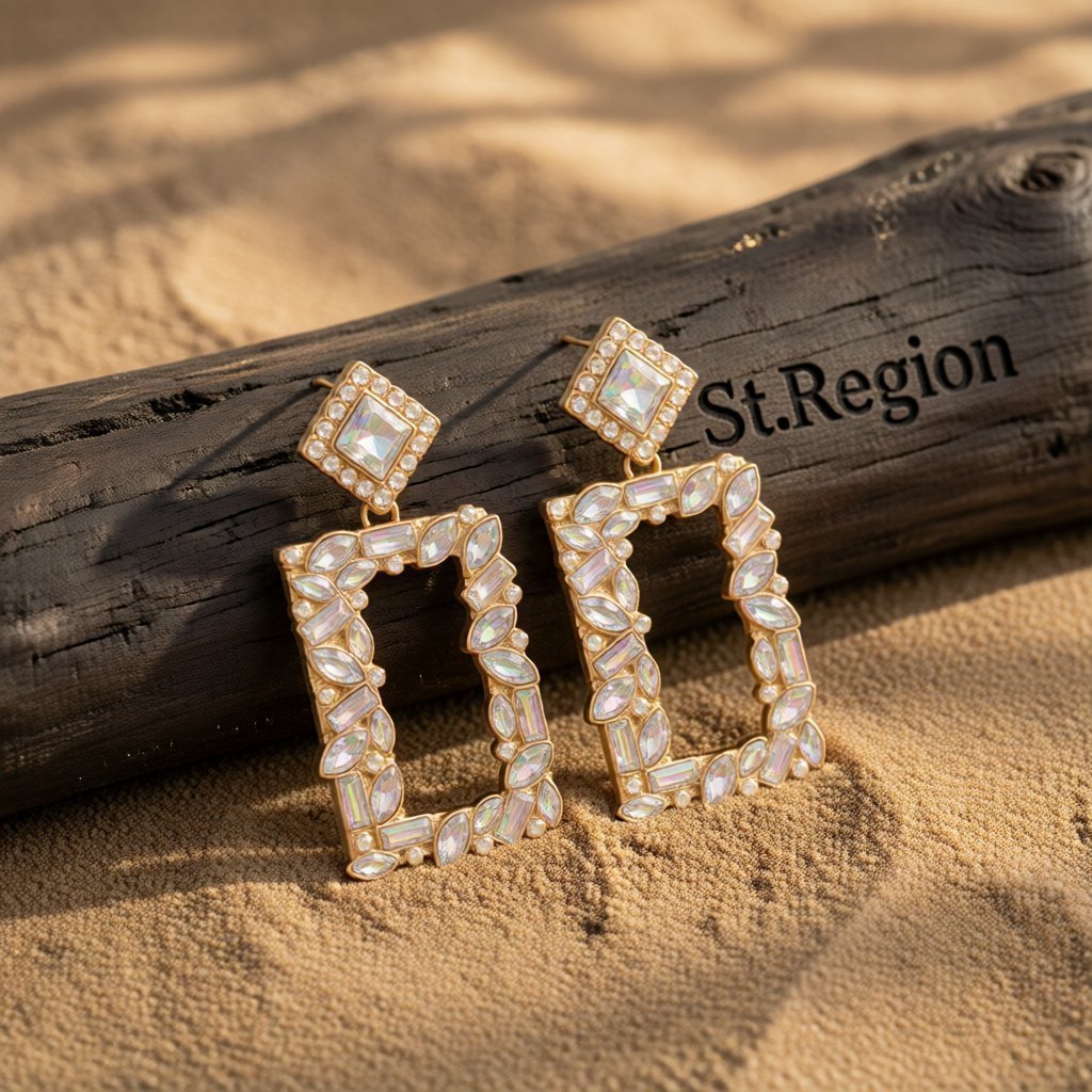 Crystal and Cubic Zirconia 18K Gold-Plated Open-Rectangle Drop Earrings, gold drop earrings for women, front view