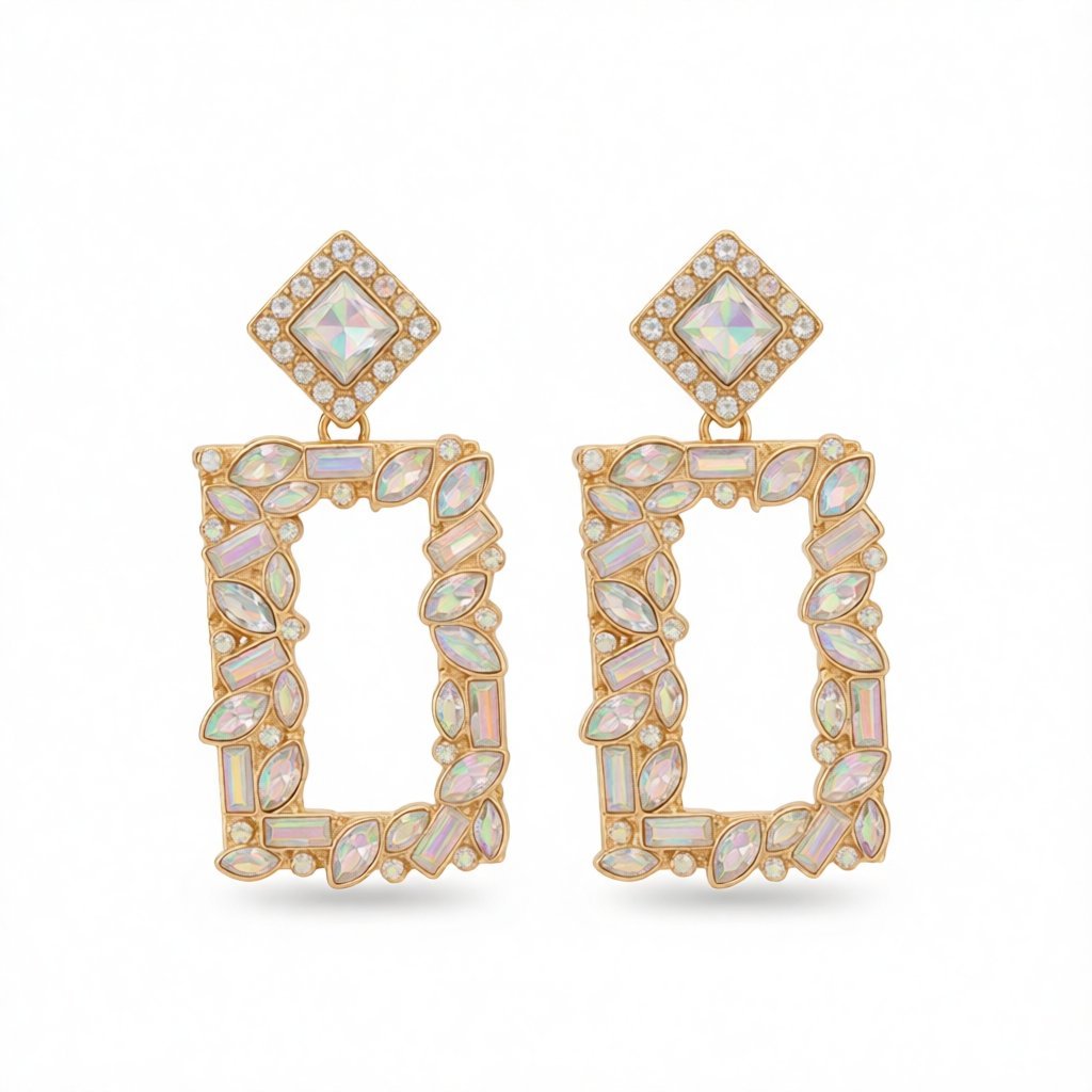 Crystal and Cubic Zirconia 18K Gold-Plated Open-Rectangle Drop Earrings, gold drop earrings for women, side view