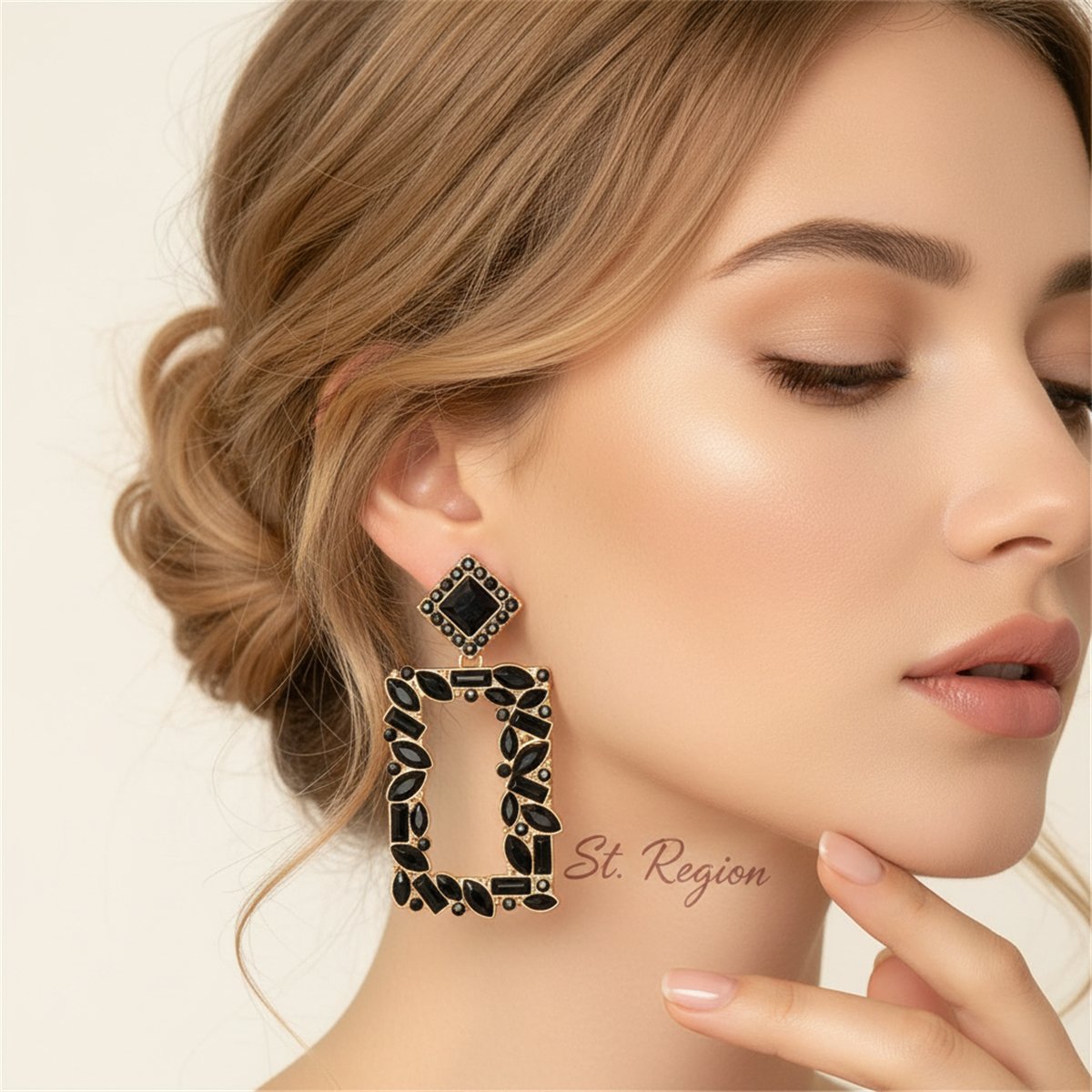 Black Crystal and 18K Gold-Plated Open-Rectangle Drop Earrings, gold drop earrings for women, styled look