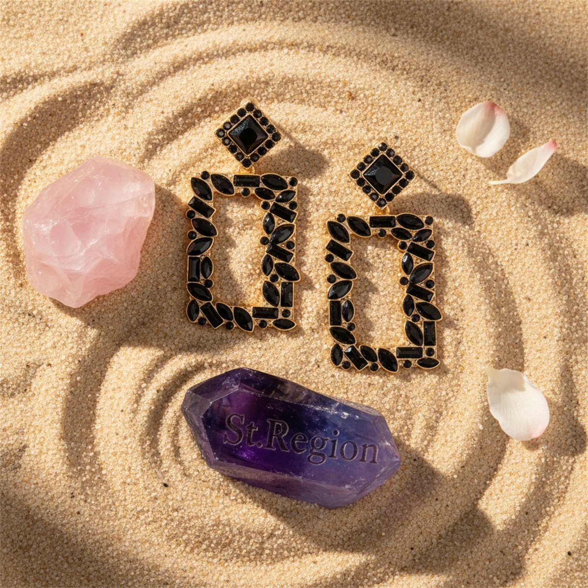 Black Crystal and 18K Gold-Plated Open-Rectangle Drop Earrings, gold drop earrings for women, detail close-up