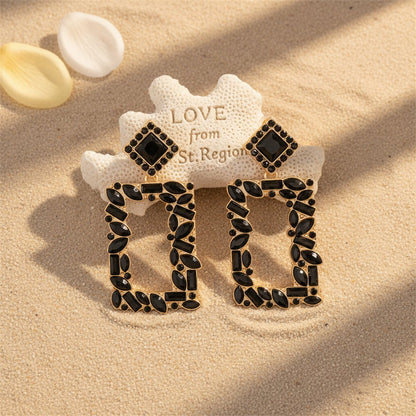 Black Crystal and 18K Gold-Plated Open-Rectangle Drop Earrings, gold drop earrings for women, lifestyle look