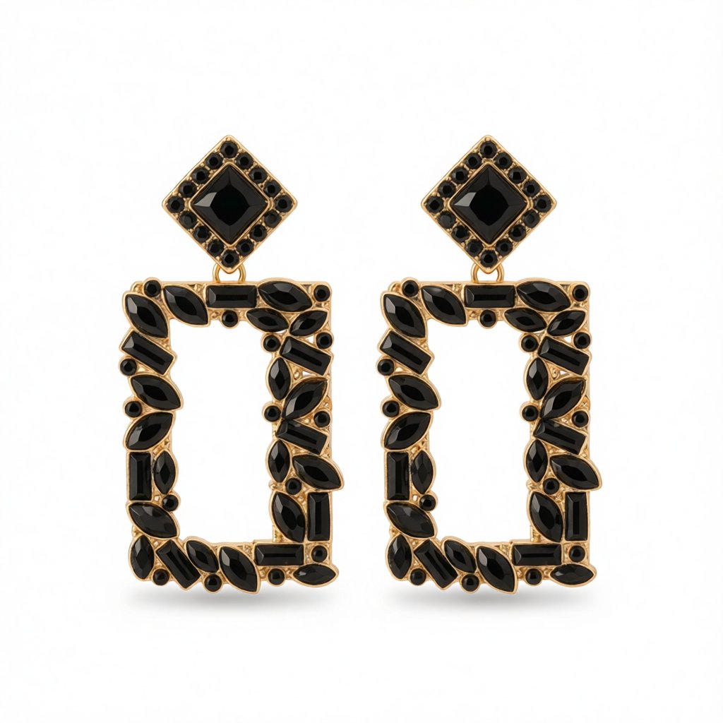 Black Crystal and 18K Gold-Plated Open-Rectangle Drop Earrings, gold drop earrings for women, elegant gift for her, side view