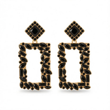 Black Crystal and 18K Gold-Plated Open-Rectangle Drop Earrings, gold drop earrings for women, elegant gift for her, side view