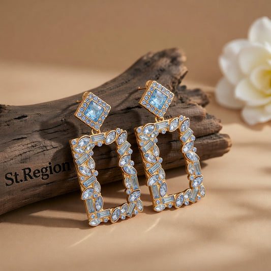 Blue Crystal and Cubic Zirconia 18K Gold-Plated Open Rectangle Drop Earrings, gold drop earrings for women, front view