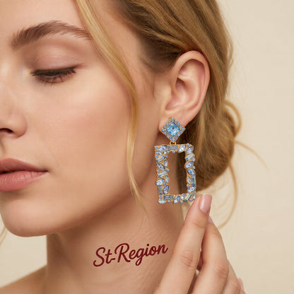 Blue Crystal and Cubic Zirconia 18K Gold-Plated Open Rectangle Drop Earrings, gold drop earrings for women, styled look