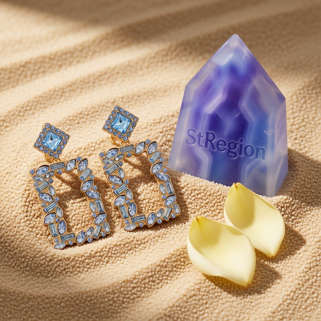 Blue Crystal and Cubic Zirconia 18K Gold-Plated Open Rectangle Drop Earrings, gold drop earrings for women, detail close-up