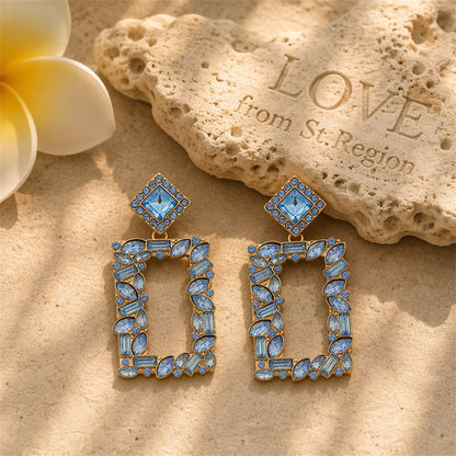 Blue Crystal and Cubic Zirconia 18K Gold-Plated Open Rectangle Drop Earrings, gold drop earrings for women, lifestyle look