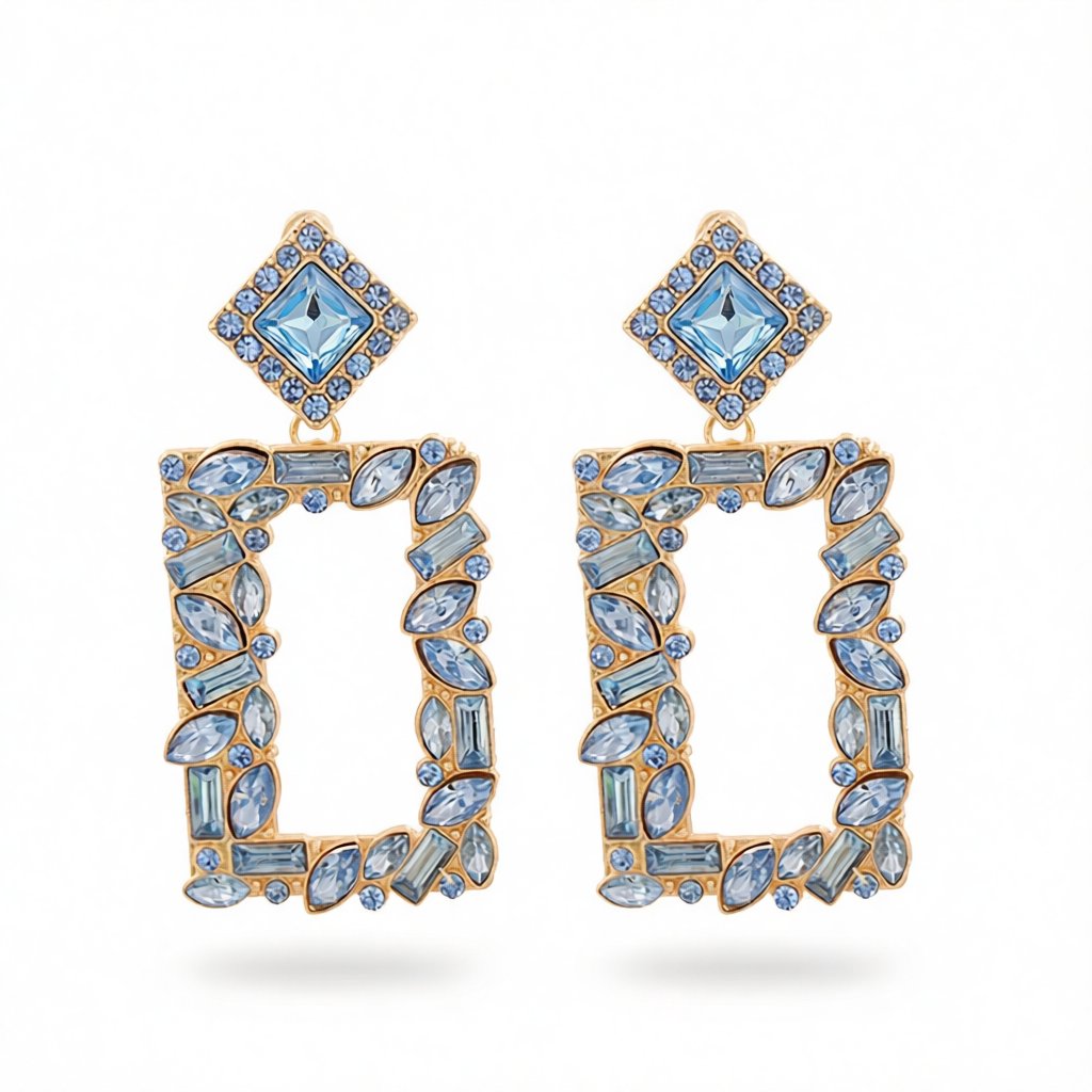 Blue Crystal and Cubic Zirconia 18K Gold-Plated Open Rectangle Drop Earrings, gold drop earrings for women, side view