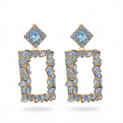 Blue Crystal and Cubic Zirconia 18K Gold-Plated Open Rectangle Drop Earrings, gold drop earrings for women, side view