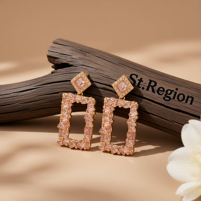 Champagne Crystal and Cubic Zirconia Rectangle Drop Earrings, drop earrings for women, vintage-inspired design, front view