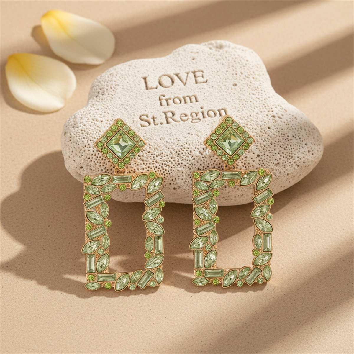 Green Crystal and 18K Gold-Plated Open Rectangle Drop Earrings, gold drop earrings for women, lifestyle look