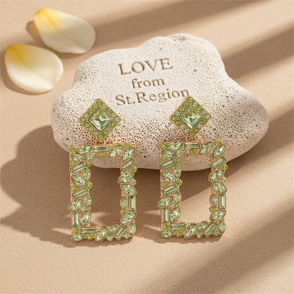 Green Crystal and 18K Gold-Plated Open Rectangle Drop Earrings, gold drop earrings for women, lifestyle look