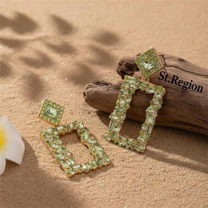 Green Crystal and 18K Gold-Plated Open Rectangle Drop Earrings, gold drop earrings for women, front view