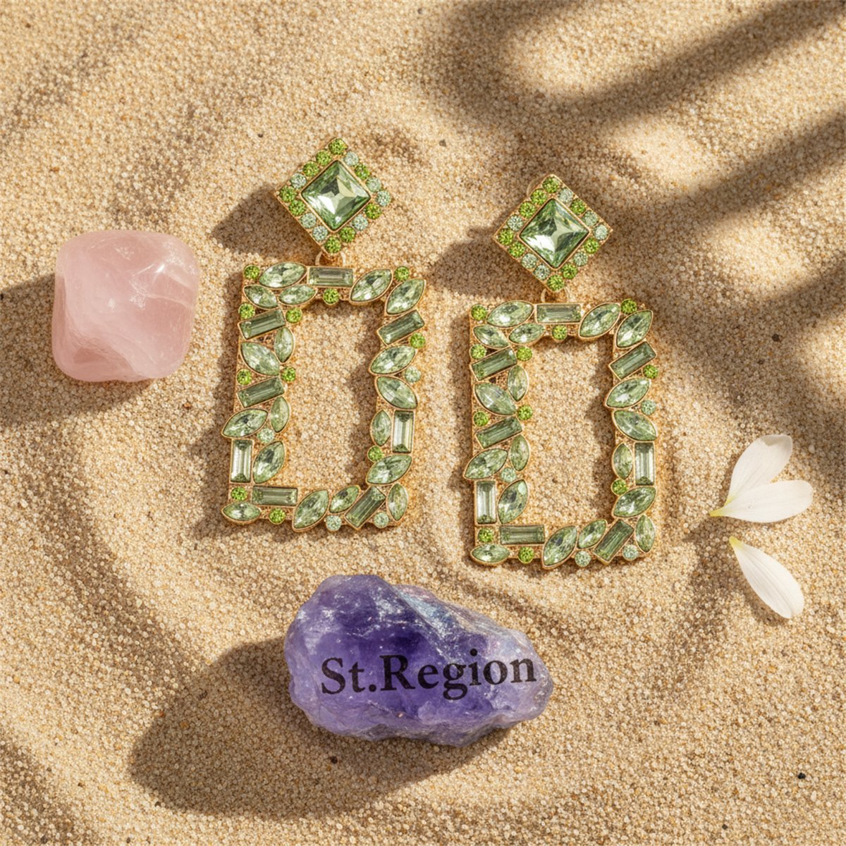 Green Crystal and 18K Gold-Plated Open Rectangle Drop Earrings, gold drop earrings for women, detail close-up