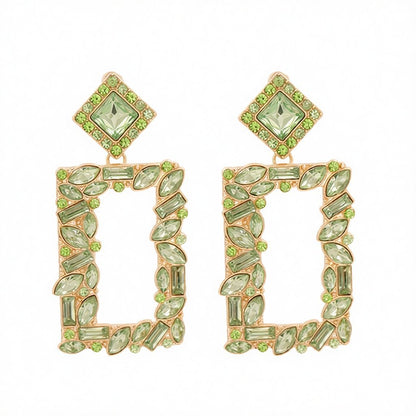 Green Crystal and 18K Gold-Plated Open Rectangle Drop Earrings, gold drop earrings for women, elegant gift for her, side view