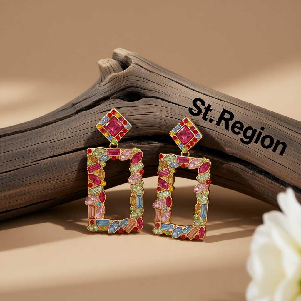 Colored Crystal and 18K Gold-Plated Open-Rectangle Drop Earrings, gold drop earrings for women, everyday style, front view