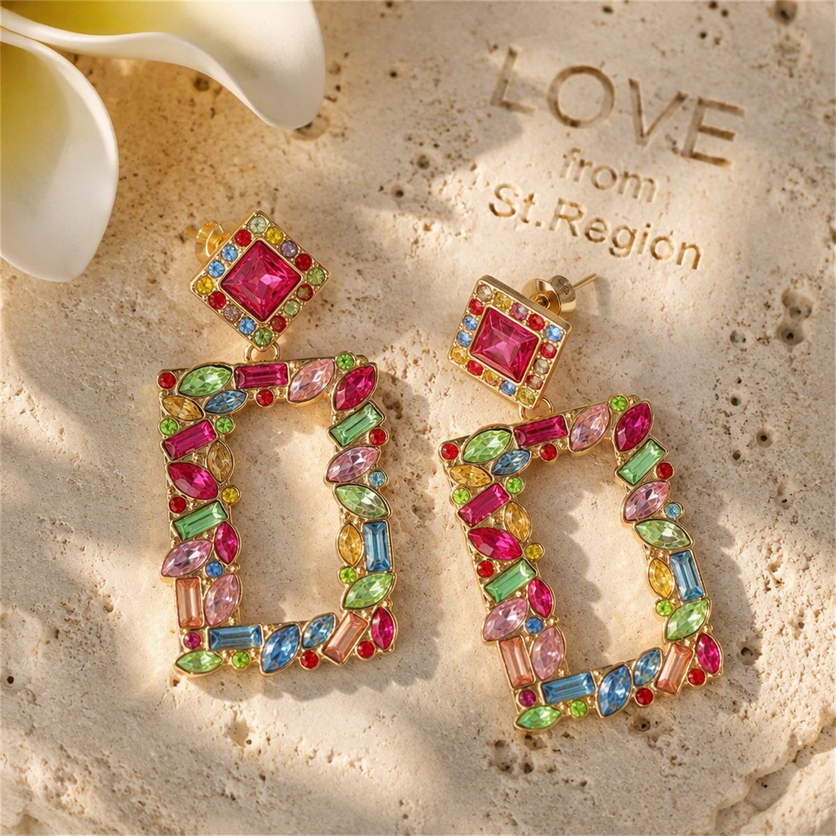 Colored Crystal and 18K Gold-Plated Open-Rectangle Drop Earrings, gold drop earrings for women, lifestyle look