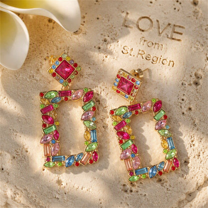 Colored Crystal and 18K Gold-Plated Open-Rectangle Drop Earrings, gold drop earrings for women, lifestyle look