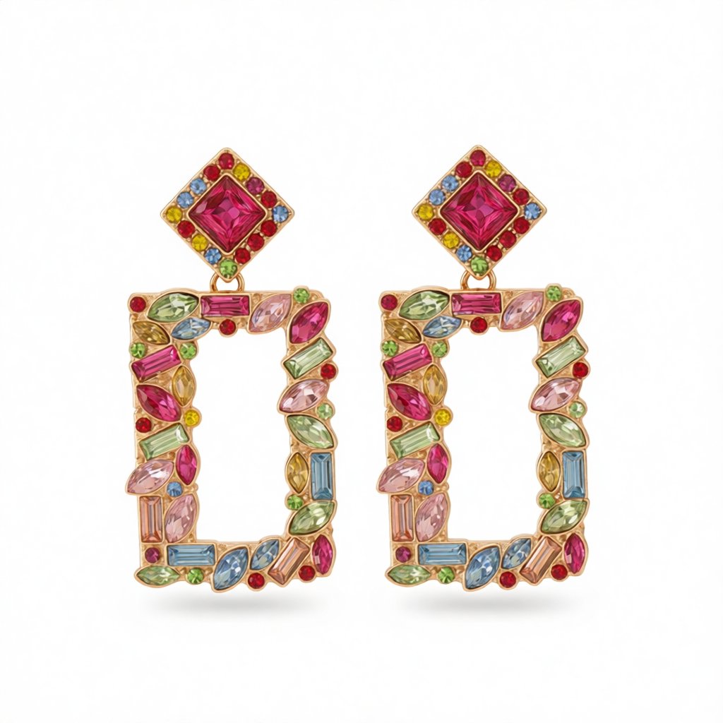 Colored Crystal and 18K Gold-Plated Open-Rectangle Drop Earrings, gold drop earrings for women, everyday style, side view