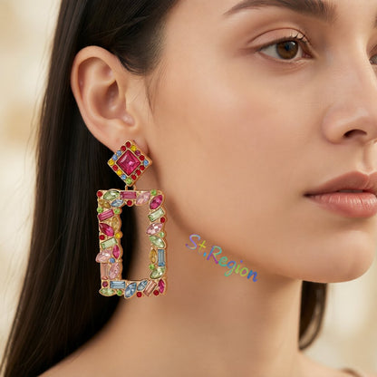 Colored Crystal and 18K Gold-Plated Open-Rectangle Drop Earrings, gold drop earrings for women, everyday style, styled look