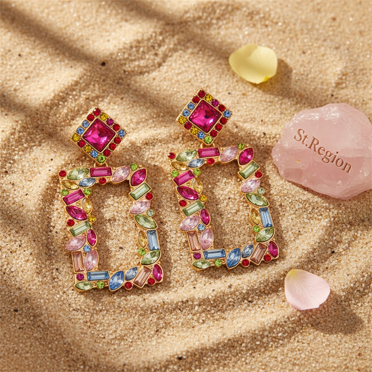 Colored Crystal and 18K Gold-Plated Open-Rectangle Drop Earrings, gold drop earrings for women, detail close-up