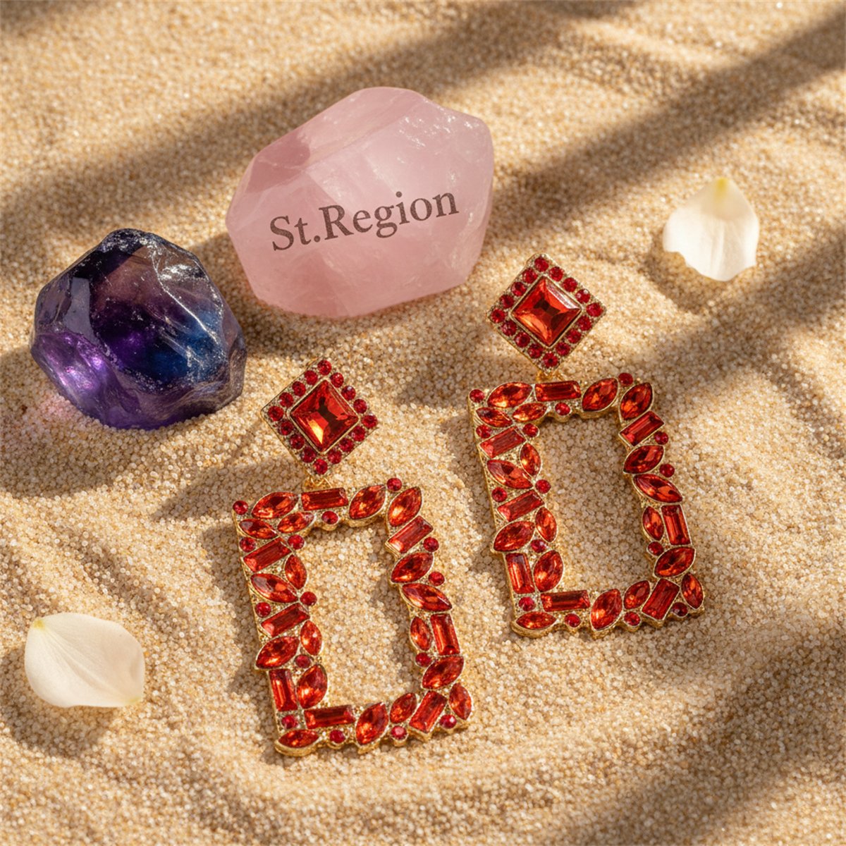 Red Crystal and Cubic Zirconia 18K Gold-Plated Open-Rectangle Drop Earrings, gold drop earrings for women, detail close-up
