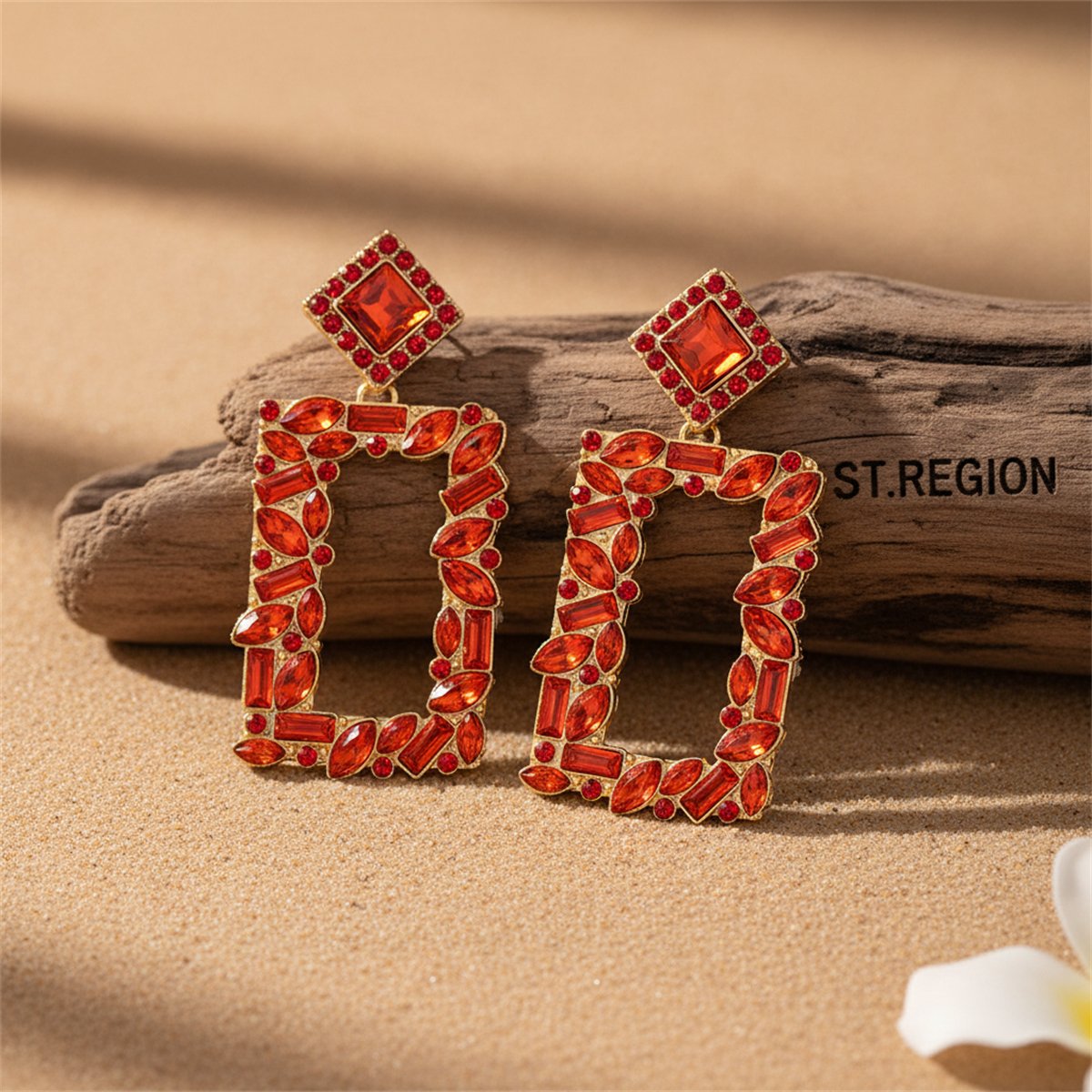 Red Crystal and Cubic Zirconia 18K Gold-Plated Open-Rectangle Drop Earrings, gold drop earrings for women, front view