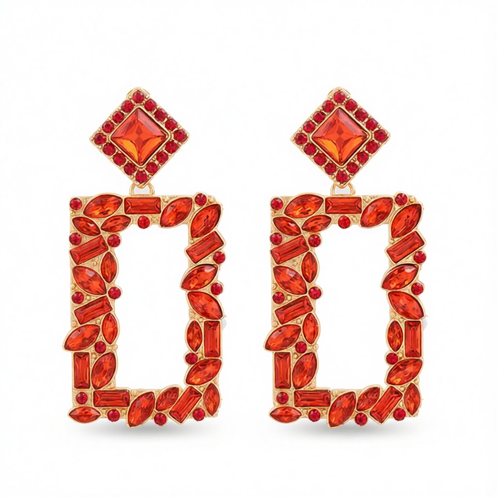 Red Crystal and Cubic Zirconia 18K Gold-Plated Open-Rectangle Drop Earrings, gold drop earrings for women, side view