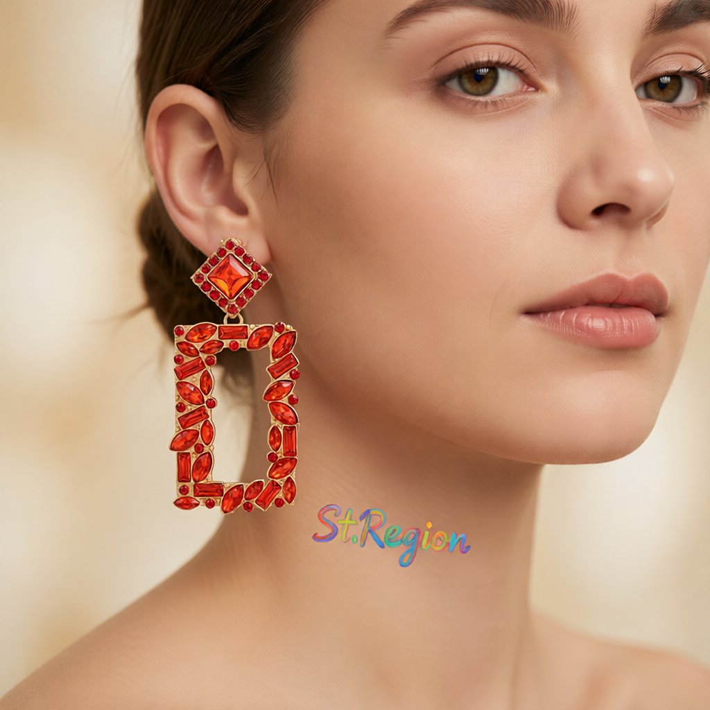 Red Crystal and Cubic Zirconia 18K Gold-Plated Open-Rectangle Drop Earrings, gold drop earrings for women, styled look