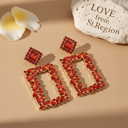 Red Crystal and Cubic Zirconia 18K Gold-Plated Open-Rectangle Drop Earrings, gold drop earrings for women, lifestyle look
