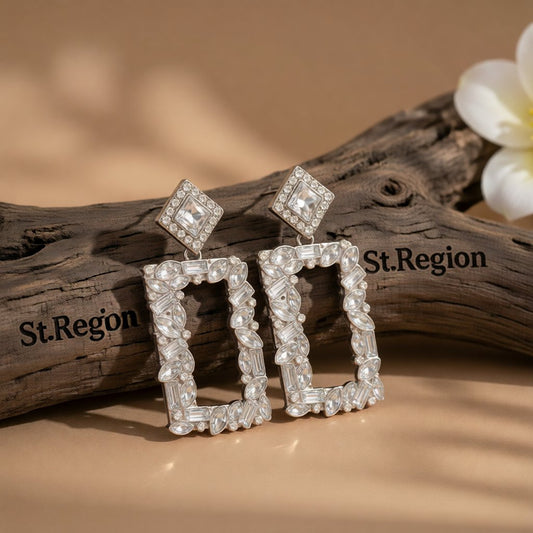 White Crystal & Cubic Zirconia Open Rectangle Drop Earrings