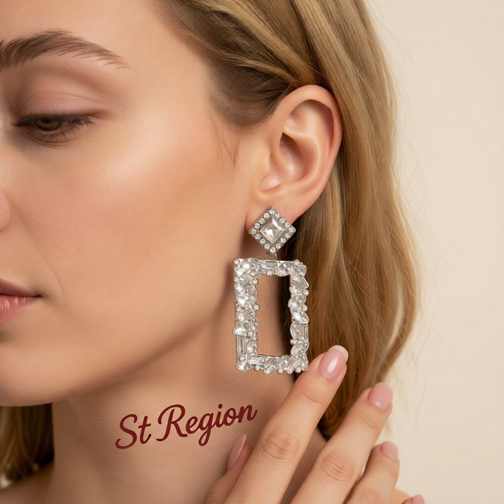 White Crystal & Cubic Zirconia Open Rectangle Drop Earrings