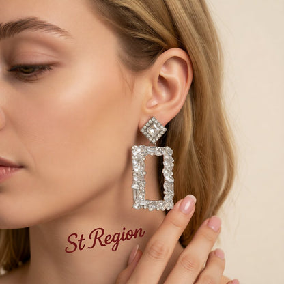 White Crystal & Cubic Zirconia Open Rectangle Drop Earrings