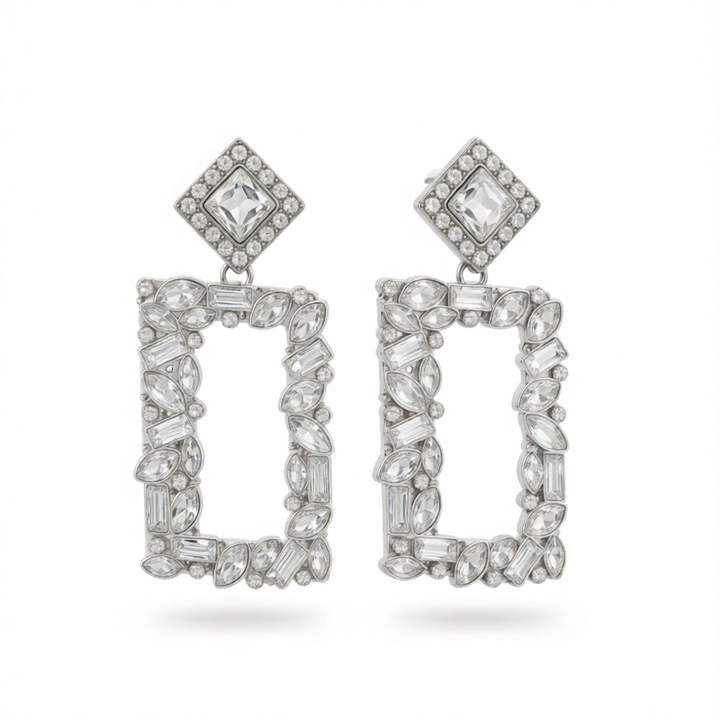 White Crystal & Cubic Zirconia Open Rectangle Drop Earrings